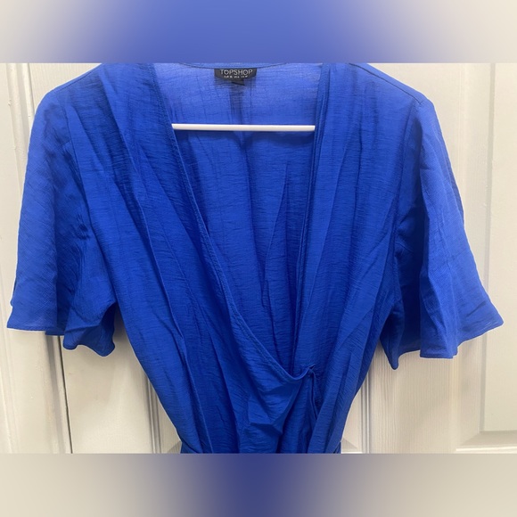 SOLD! Topshop Royal Blue V-Neck Wrap Tie Riffle Mini Dress 6 - Picture 4 of 13